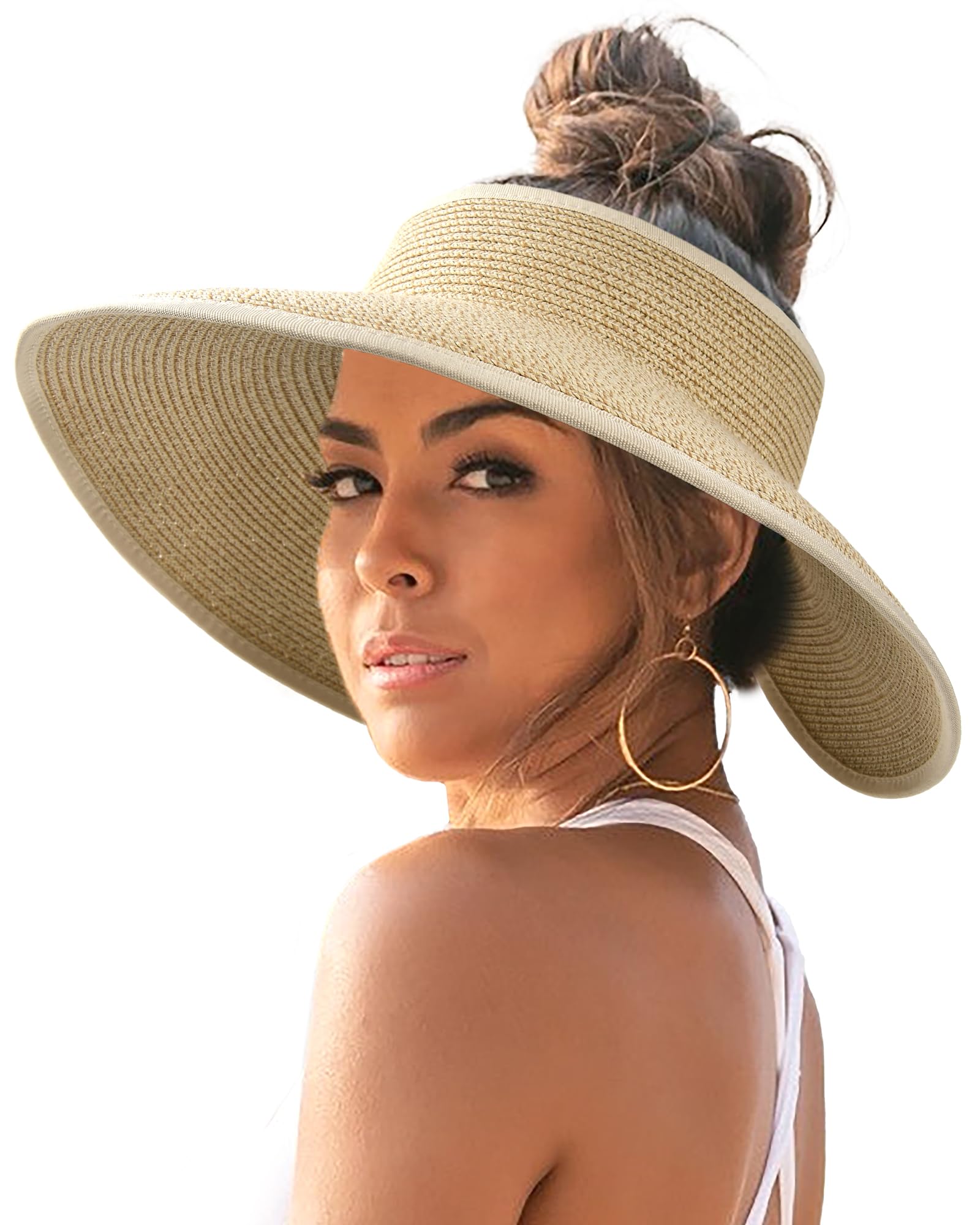 FURTALK Sun Hats for Women Wide Brim Beach Hat Straw Visor Ponytail Summer UV Packable Foldable Beach Vacation Essentials