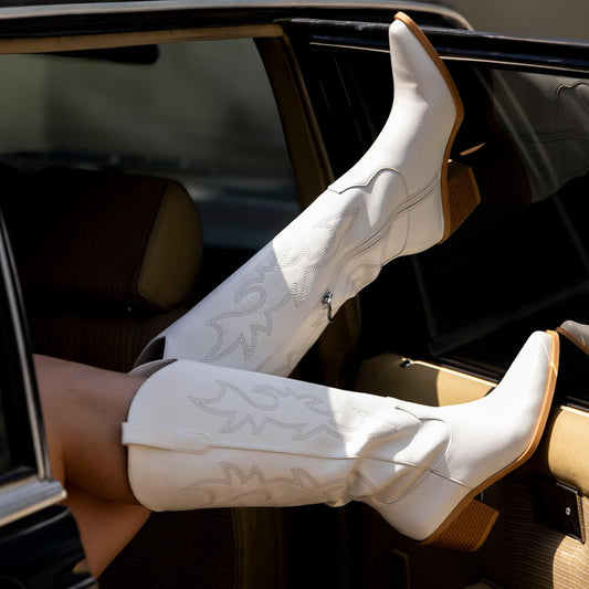 Pasuot Western Cowboy Boots for Women - Knee High Wide Calf Cowgirl Boots with Classic Embroidered, Slip On Pointed Toe Chunky Heel Fashion Retro Classic Pull On Tall Boot for Girls Ladies Fall Winter