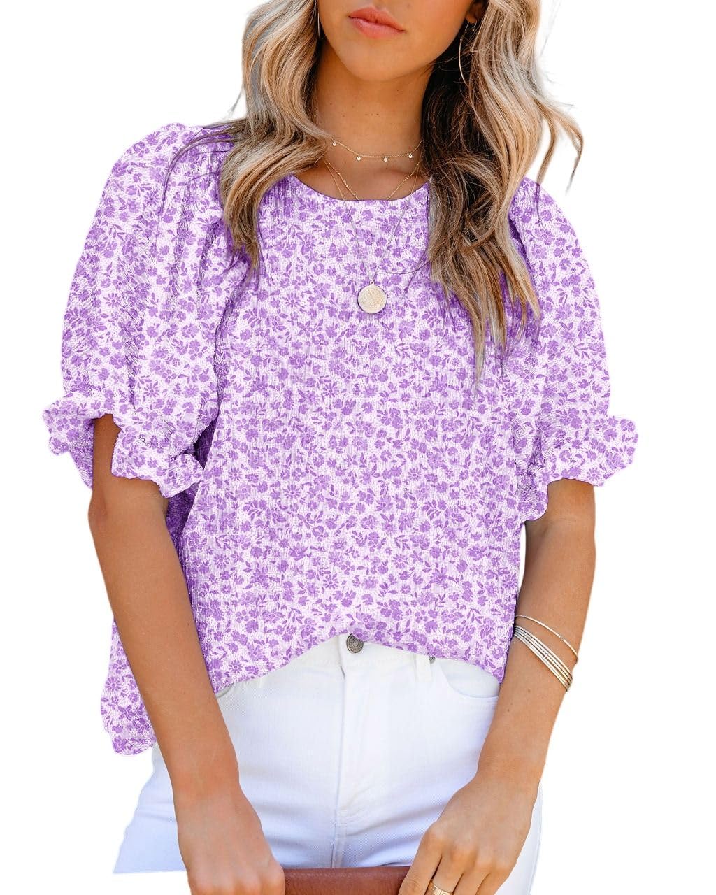 Dokotoo Floral Print Blouses for Women Crewneck Smocked Puff Sleeve Shirts Casual Babydoll Tops