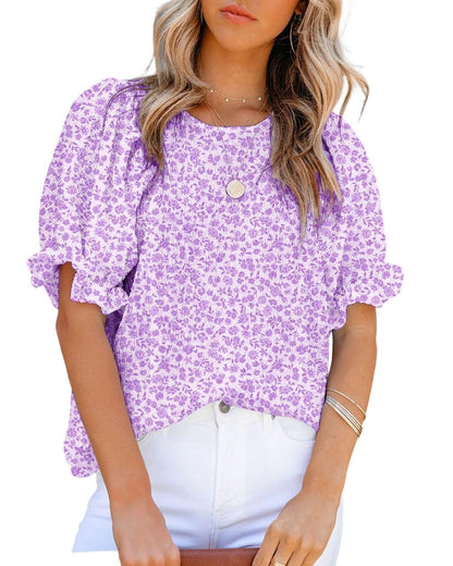 Dokotoo Floral Print Blouses for Women Crewneck Smocked Puff Sleeve Shirts Casual Babydoll Tops