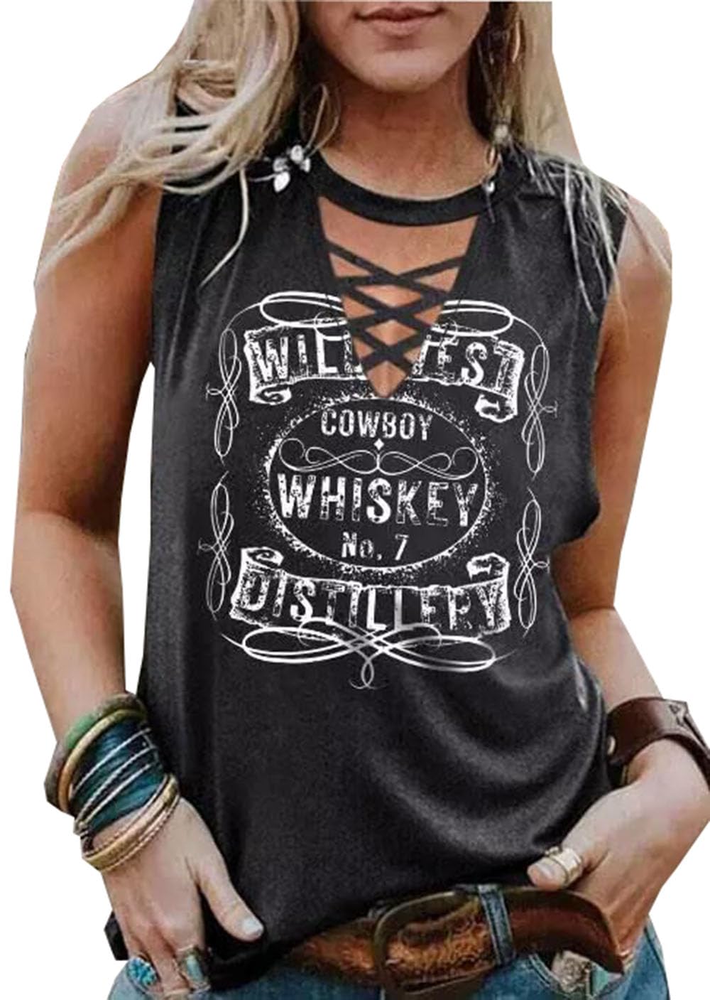Wasted On You Steer Skull Criss-Cross Hollow Out Tank Tops Women Western Cowboy Rodeo Shirt Tops Country Music Tank Tops