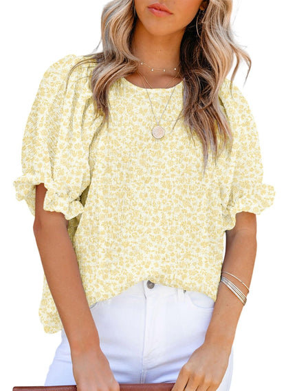 Dokotoo Floral Print Blouses for Women Crewneck Smocked Puff Sleeve Shirts Casual Babydoll Tops