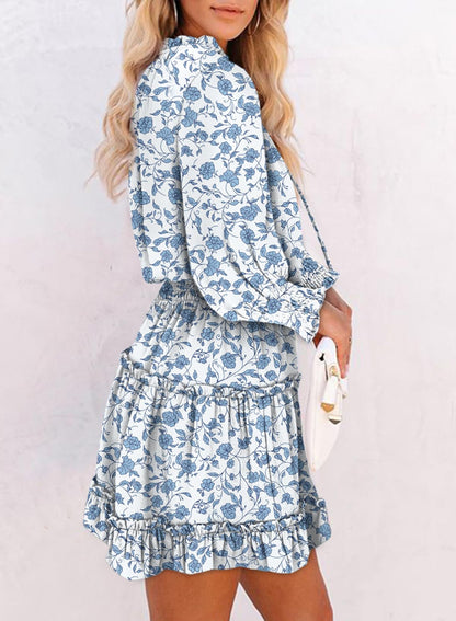 Dokotoo Fall Dresses for Women 2025 Boho Floral Drawstring V Neck Smocked Long Sleeve Ruffle Tiered Chiffon Mini Dress