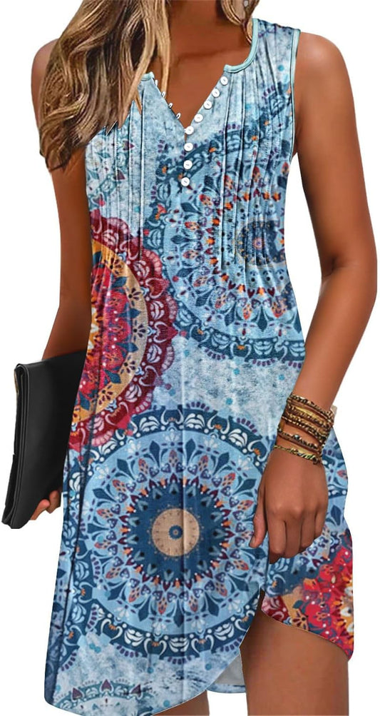 ETCYY Sundresses for Women 2025 Vacation Swim Cover up Beach Dresses Button Down Sleeveless Boho Floral V-Neck Summer Dress