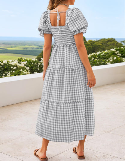 ZESICA Women's 2025 Bohemian Summer Plaid Square Neck Puff Sleeve Ruffle Flowy Beach Midi Dress