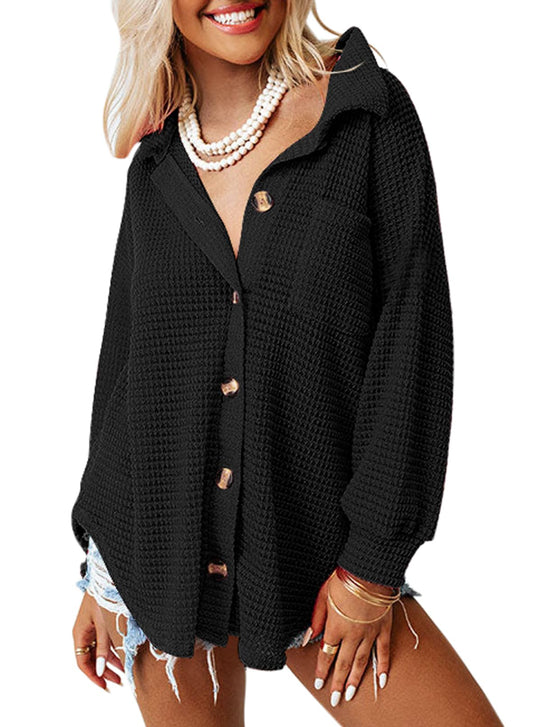 Dokotoo Womens Waffle Knit Shacket Jacket Casual Long Sleeve Button Down Shirts Dressy Blouses Tops