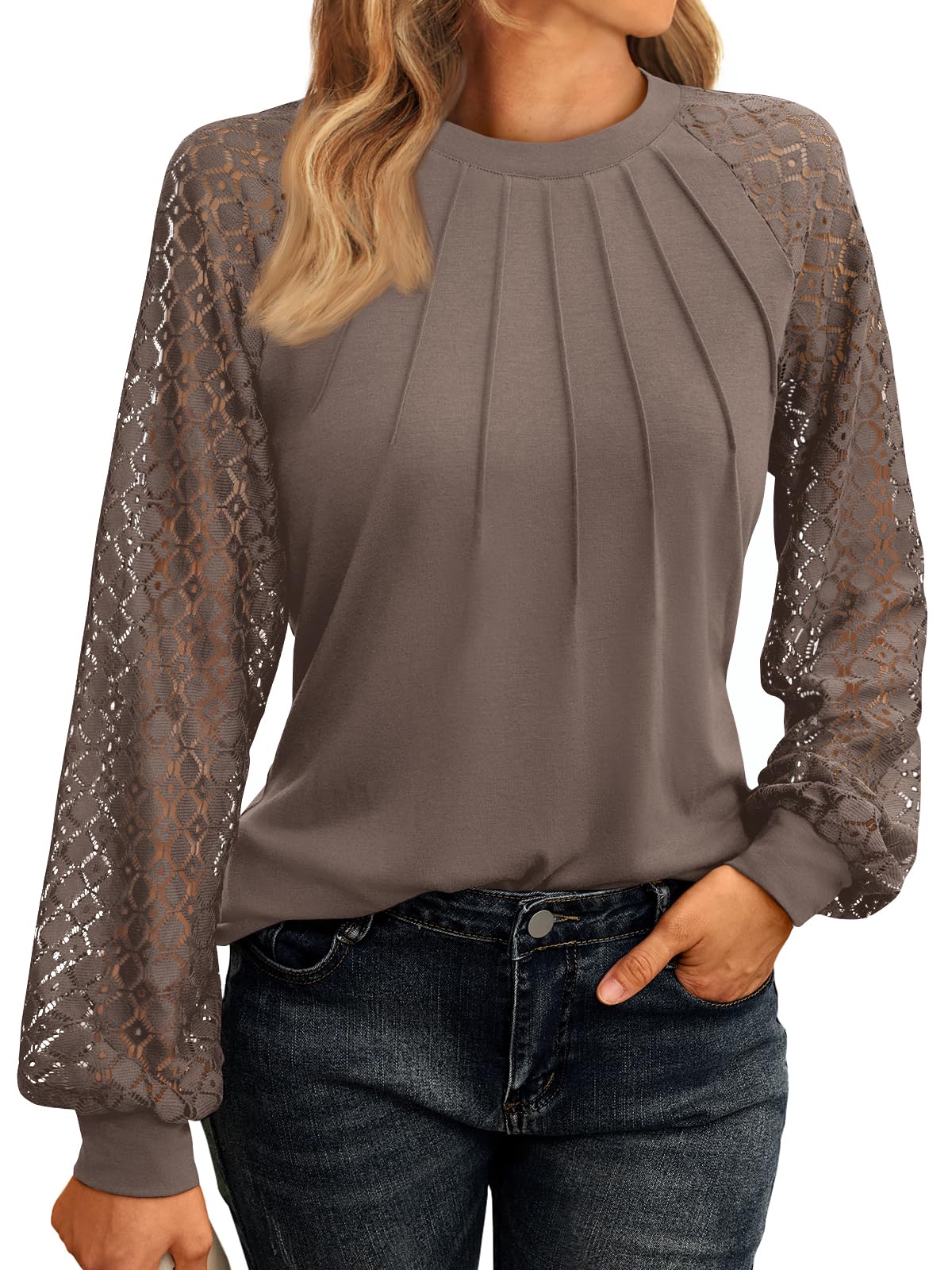 AUTOMET Womens Long Sleeve Shirts Pleated Lace Tops Fall Fashion Outfits Business Casual Blouses