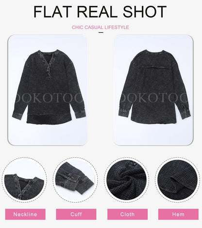 Dokotoo Womens Casual Button V Neck Long Sleeve Shirts Oversized Solid Blouses Tops