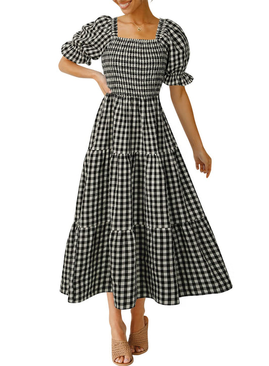 ZESICA Women's 2025 Bohemian Summer Plaid Square Neck Puff Sleeve Ruffle Flowy Beach Midi Dress