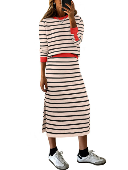 ANRABESS 2 Piece Skirts Sets For Women Fall Fashion 2025 Striped Sweater Midi Dress Knit Lounge Travel Outfits Winter Clothes