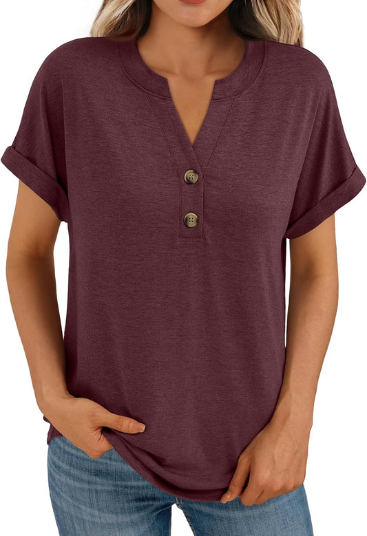 AUTOMET Women's Short Sleeve Shirts Henley Dressy Casual Summer Tops 2025 Trendy Blouses Cute T-Shirts Outfits Clothes