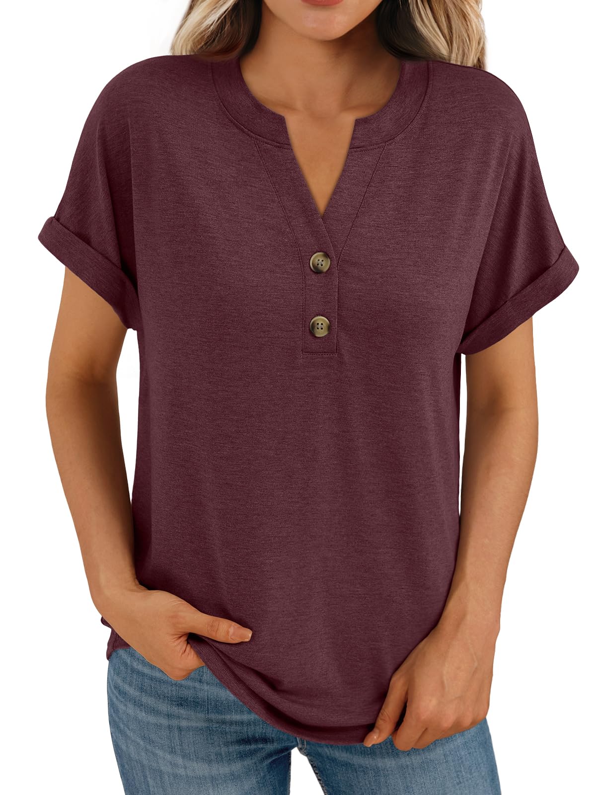 AUTOMET Women's Short Sleeve Shirts Henley Dressy Casual Summer Tops 2025 Trendy Blouses Cute T-Shirts Outfits Clothes