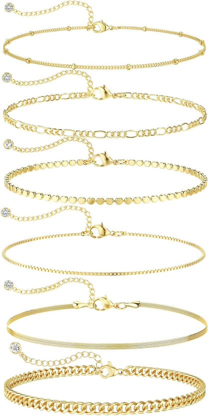 DEARMAY Waterproof Gold Bracelets Set for Women Trendy, Dainty 14K Real Gold Plated Jewelry Fashion Stackable Tennis Beaded Figaro Herringbone Paperclip Link Bracelet Pack Stack Gifts for Women