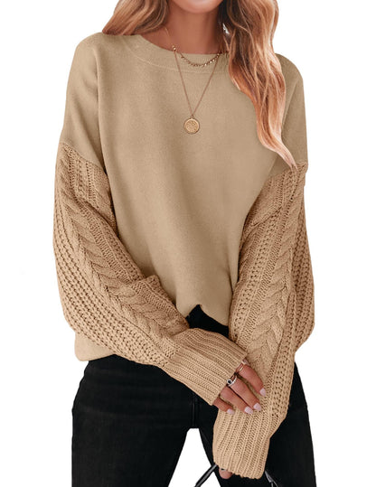 ZESICA Women's Fall Long Sleeve Crew Neck Solid Color Cable Knit Chunky Casual Oversized Pullover Sweater Tops