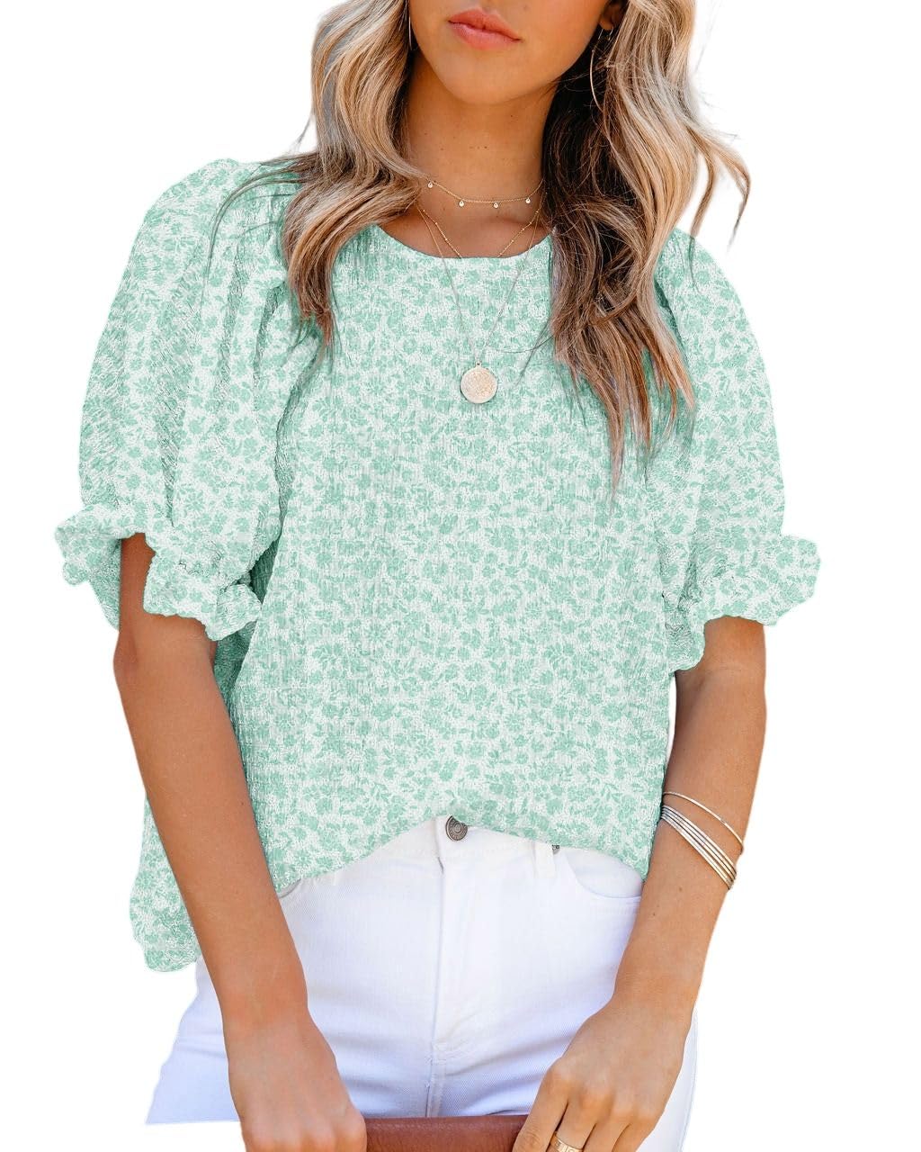 Dokotoo Floral Print Blouses for Women Crewneck Smocked Puff Sleeve Shirts Casual Babydoll Tops