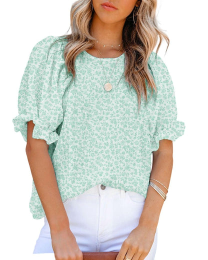 Dokotoo Floral Print Blouses for Women Crewneck Smocked Puff Sleeve Shirts Casual Babydoll Tops