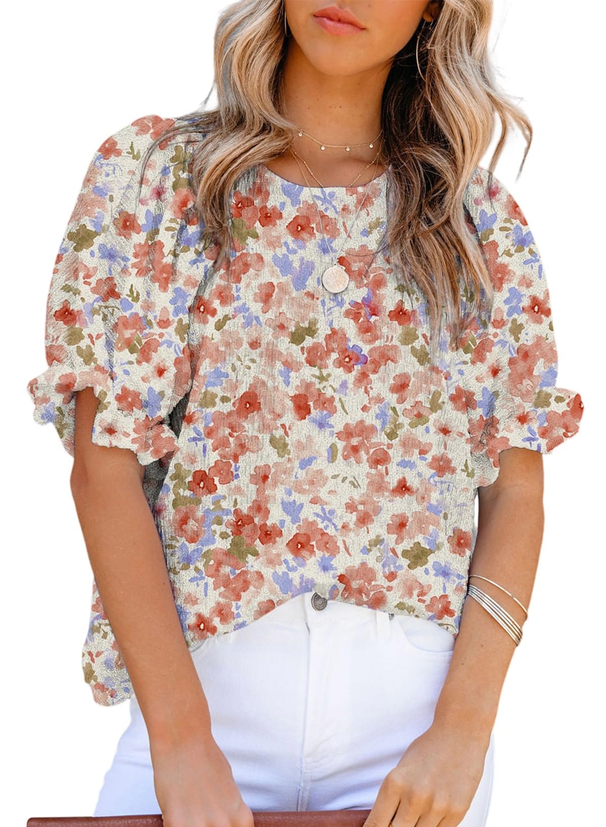 Dokotoo Floral Print Blouses for Women Crewneck Smocked Puff Sleeve Shirts Casual Babydoll Tops