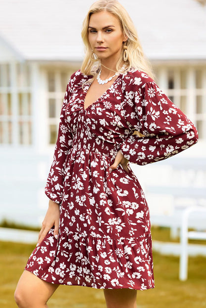 Dokotoo Fall Dresses for Women 2025 Boho Floral V Neck Long Sleeve Smocked Elastic Waist Casual A-Line Mini Dress Sundress