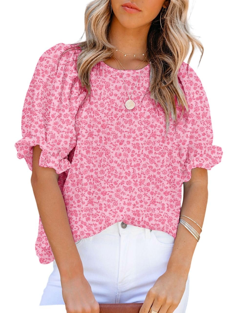 Dokotoo Floral Print Blouses for Women Crewneck Smocked Puff Sleeve Shirts Casual Babydoll Tops