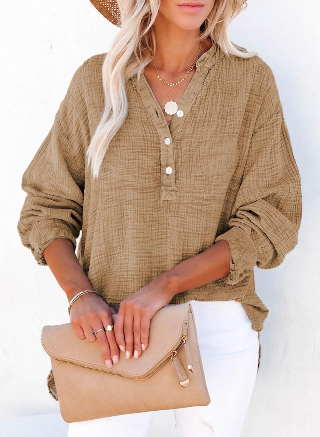 Dokotoo Womens Casual Button V Neck Long Sleeve Shirts Oversized Solid Blouses Tops