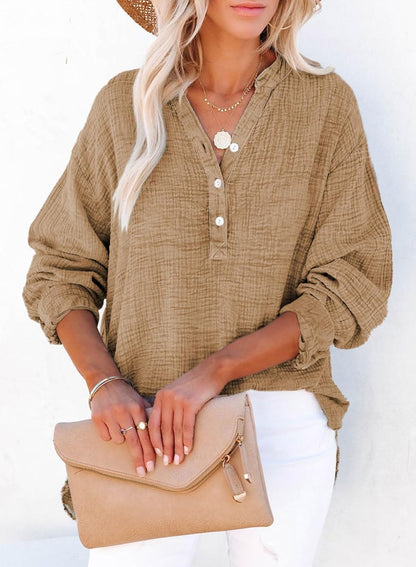 Dokotoo Womens Casual Button V Neck Long Sleeve Shirts Oversized Solid Blouses Tops