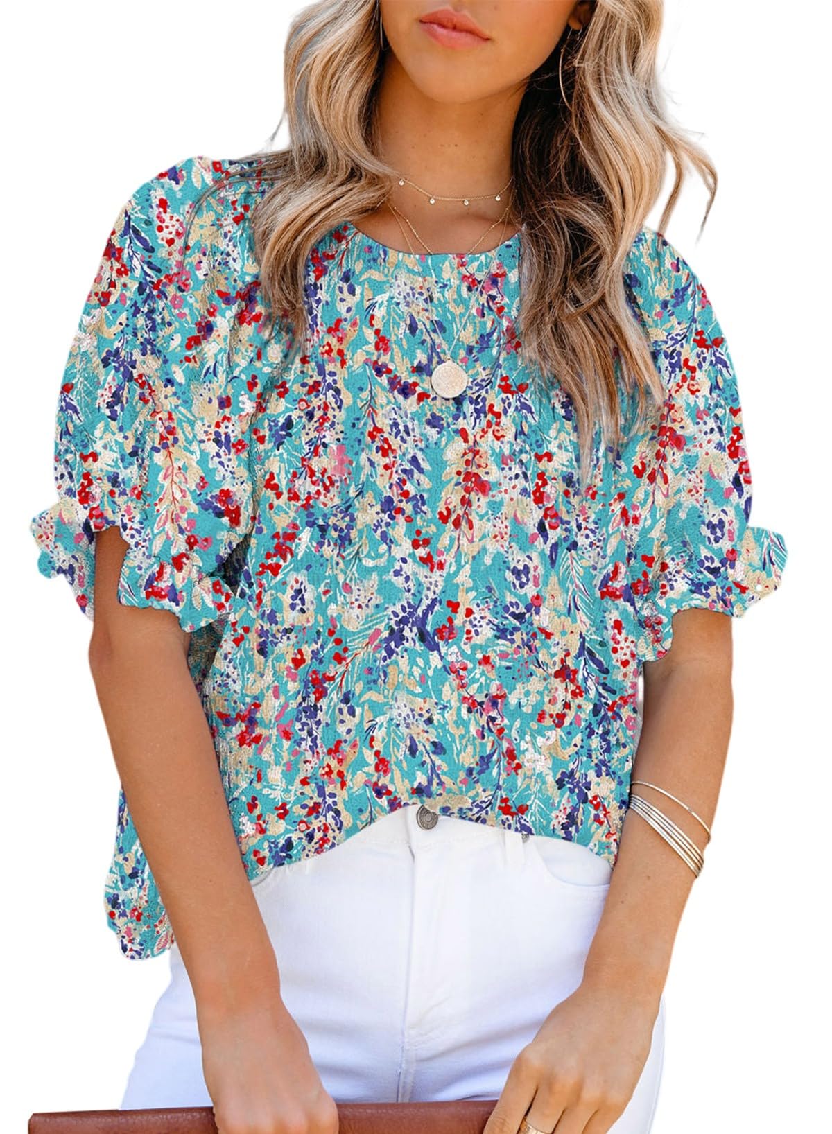 Dokotoo Floral Print Blouses for Women Crewneck Smocked Puff Sleeve Shirts Casual Babydoll Tops