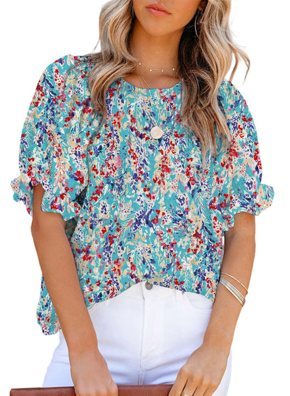 Dokotoo Floral Print Blouses for Women Crewneck Smocked Puff Sleeve Shirts Casual Babydoll Tops