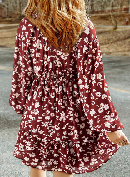 Dokotoo Fall Dresses for Women 2025 Boho Floral V Neck Long Sleeve Smocked Elastic Waist Casual A-Line Mini Dress Sundress