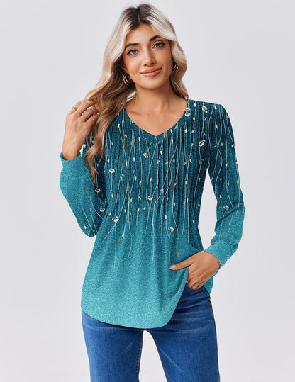 Zeagoo Long Sleeve Shirts for Women Casual V Neck Top Pleated Floral Boho Blouses 2025 Fall Tunics