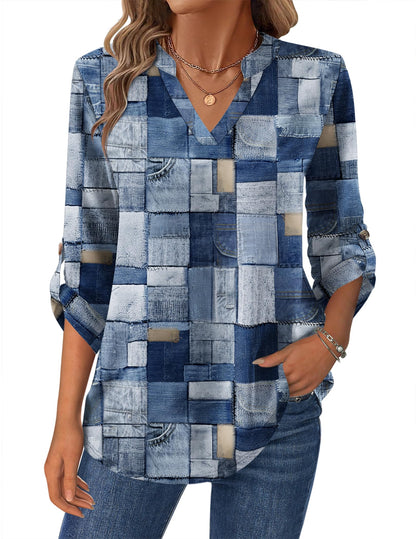 Zeagoo Womens Roll Up Long Sleeve Tops V Neck Shirts Dressy Casual Work Blouses S-2XL