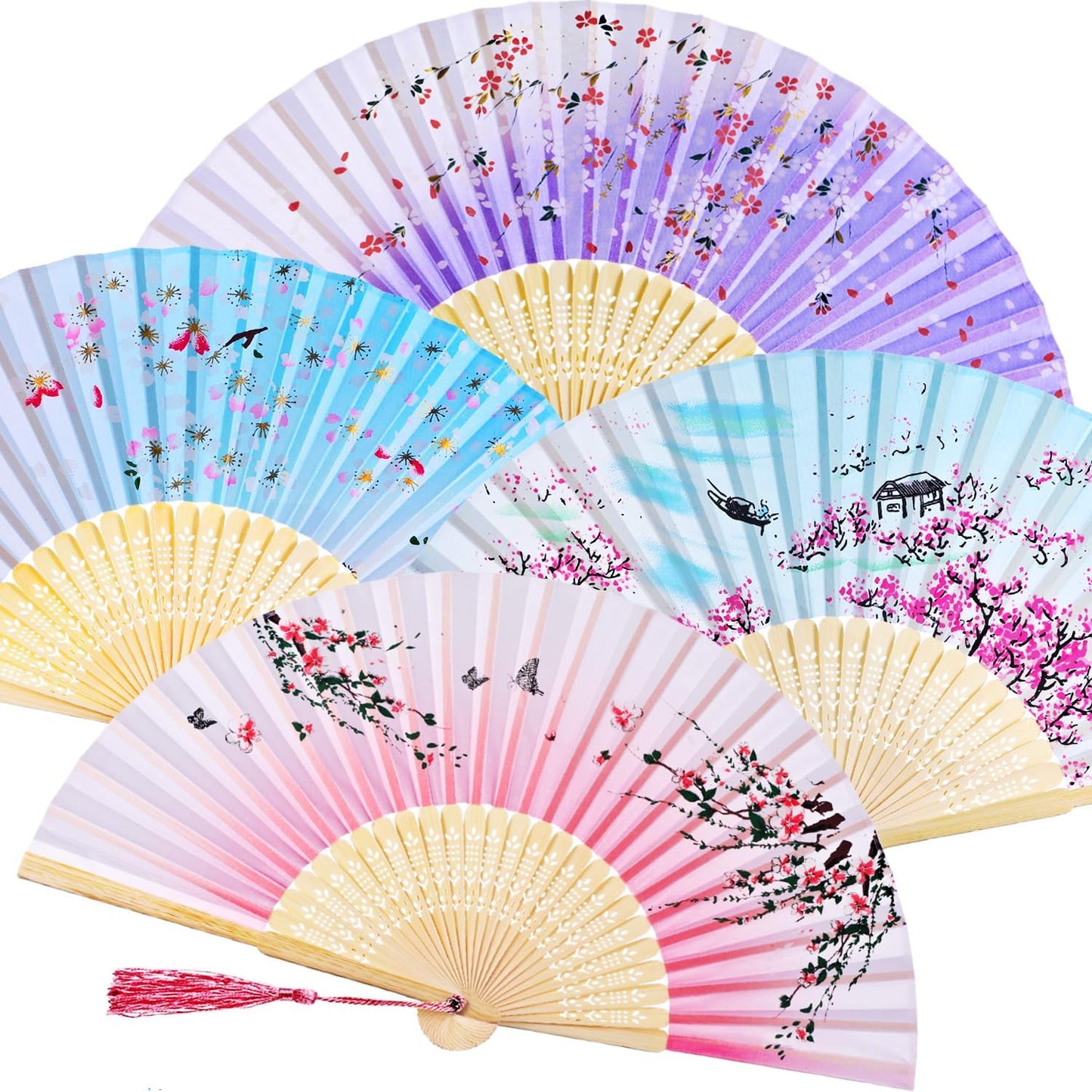 Zonon 4 Pack Handheld Floral Folding Fans Hand Held Silk Bamboo Fans with Tassel Women Hollowed Hand Foldable Fan with Fabric Sleeve for Dancing Wedding Decoration Gifts(Classic)