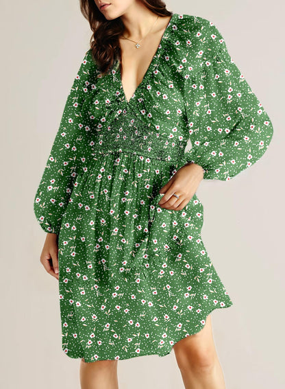 Dokotoo Fall Dresses for Women 2025 Boho Floral V Neck Long Sleeve Smocked Elastic Waist Casual A-Line Mini Dress Sundress