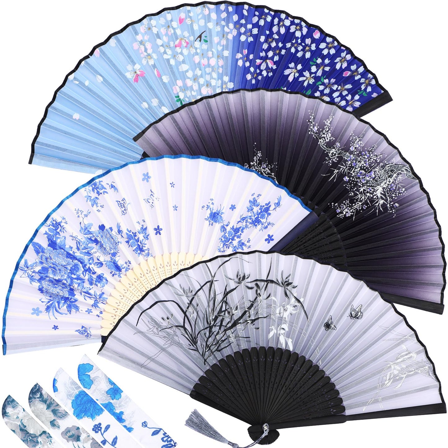 Zonon 4 Pack Handheld Floral Folding Fans Hand Held Silk Bamboo Fans with Tassel Women Hollowed Hand Foldable Fan with Fabric Sleeve for Dancing Wedding Decoration Gifts(Classic)