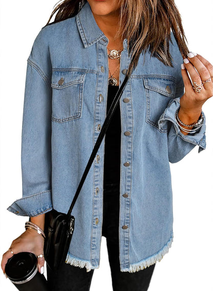 Dokotoo Women's Oversized Denim Jacket Casual Long Sleeve Denim Shirts Distresse Jean Jacket Fall Outfits 2025