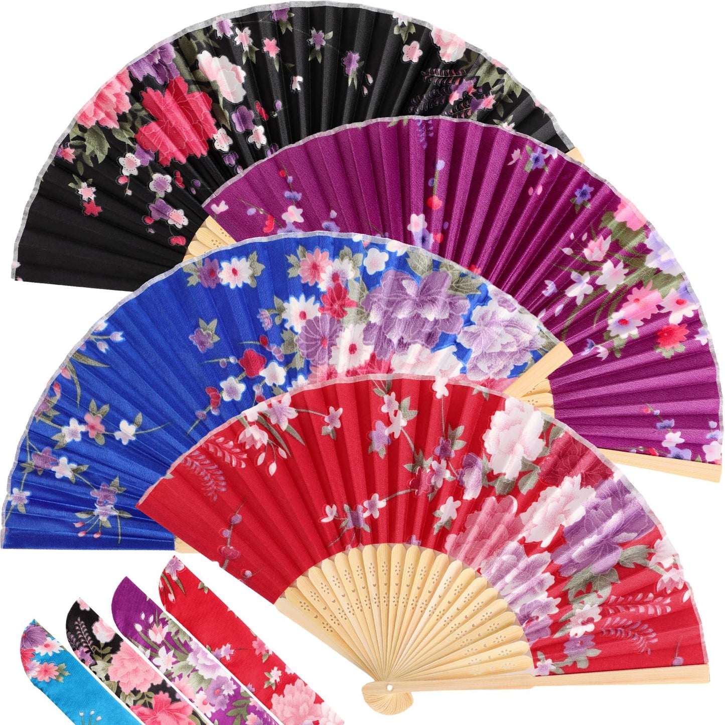 Zonon 4 Pack Handheld Floral Folding Fans Hand Held Silk Bamboo Fans with Tassel Women Hollowed Hand Foldable Fan with Fabric Sleeve for Dancing Wedding Decoration Gifts(Classic)