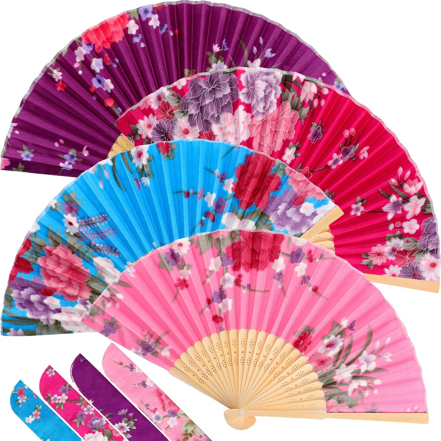 Zonon 4 Pack Handheld Floral Folding Fans Hand Held Silk Bamboo Fans with Tassel Women Hollowed Hand Foldable Fan with Fabric Sleeve for Dancing Wedding Decoration Gifts(Classic)