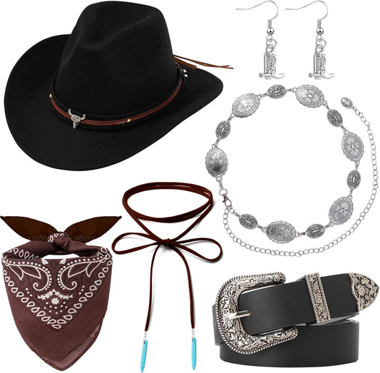Western Cowgirl Outfit for Women Cowboy Hat Bandana Belt Necklace for Halloween Cosplay Cowgirl Costume Accessories
