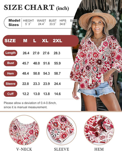 Vivilli Womens Boho Tops Casual V Neck 3/4 Sleeve Blouses Floral Print Shirt Tie Front Flowy Vacation Clothes