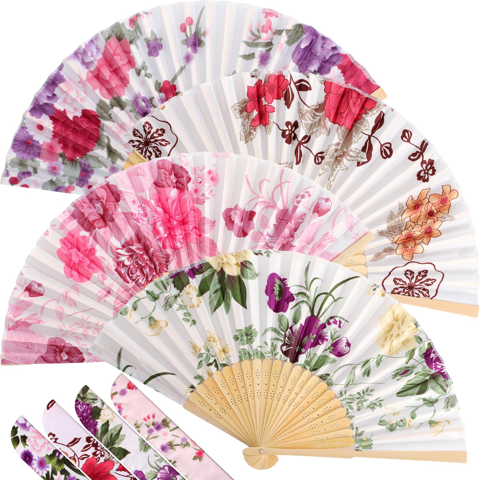 Zonon 4 Pack Handheld Floral Folding Fans Hand Held Silk Bamboo Fans with Tassel Women Hollowed Hand Foldable Fan with Fabric Sleeve for Dancing Wedding Decoration Gifts(Classic)