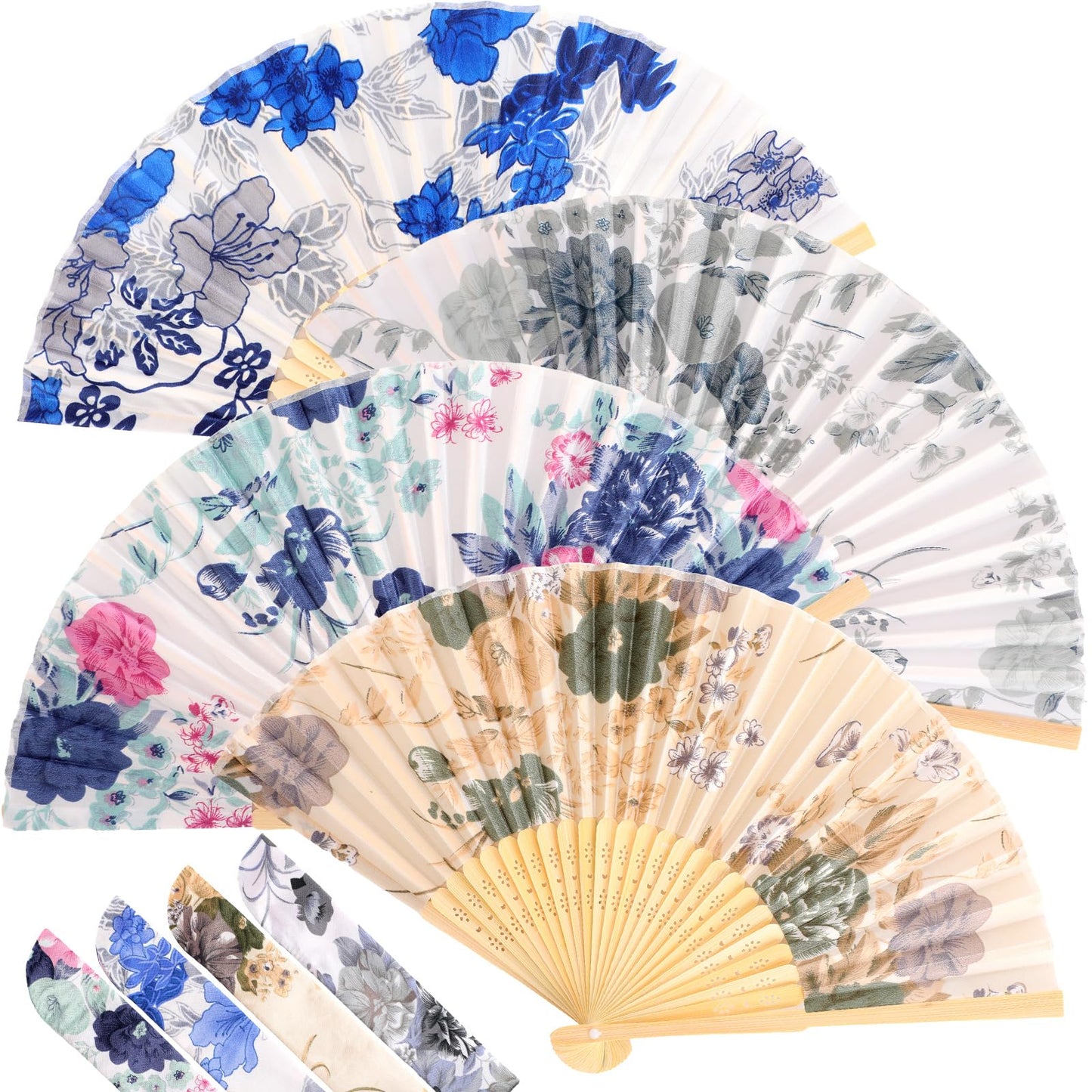 Zonon 4 Pack Handheld Floral Folding Fans Hand Held Silk Bamboo Fans with Tassel Women Hollowed Hand Foldable Fan with Fabric Sleeve for Dancing Wedding Decoration Gifts(Classic)