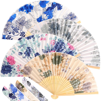 Zonon 4 Pack Handheld Floral Folding Fans Hand Held Silk Bamboo Fans with Tassel Women Hollowed Hand Foldable Fan with Fabric Sleeve for Dancing Wedding Decoration Gifts(Classic)