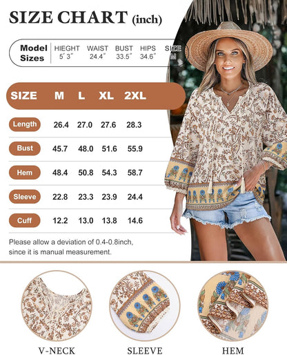 Vivilli Womens Boho Tops Casual V Neck 3/4 Sleeve Blouses Floral Print Shirt Tie Front Flowy Vacation Clothes