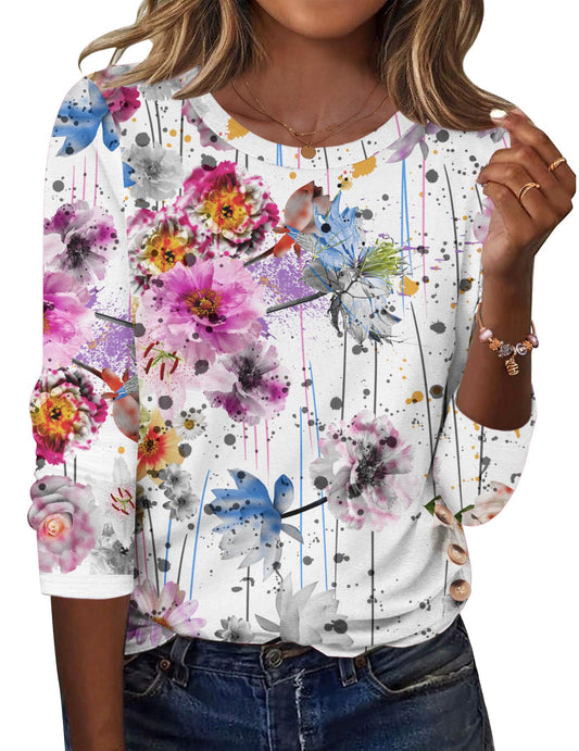 Zeagoo Womens Tops 2025 Long Sleeve Shirts for Fall Round Neck Blouses Floral Tunic Tops with Buttons Decor
