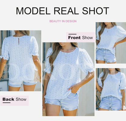 Dokotoo Floral Print Blouses for Women Crewneck Smocked Puff Sleeve Shirts Casual Babydoll Tops