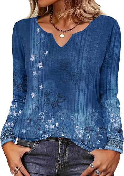 Zeagoo Boho Tops for Women Long Sleeve V Neck Fall Shirt Casual Dressy Blouse Tunic Business Work Clothes School Outfits
