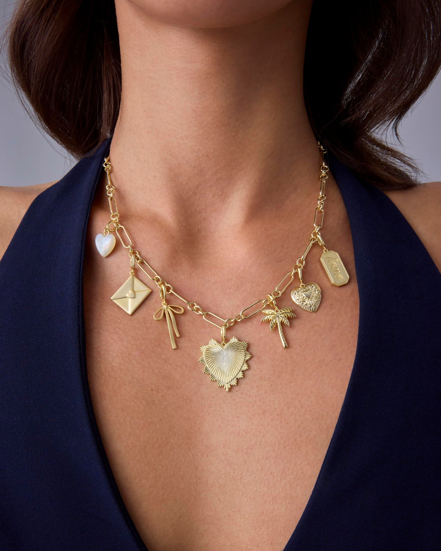 PAVOI 14K Gold Plated Chunky Charm Necklace Pack for Women | Statement Paperclip Chain Necklaces with Removable Charms | Heart Palm Tree Bow Pearl Love Friendship Necklace