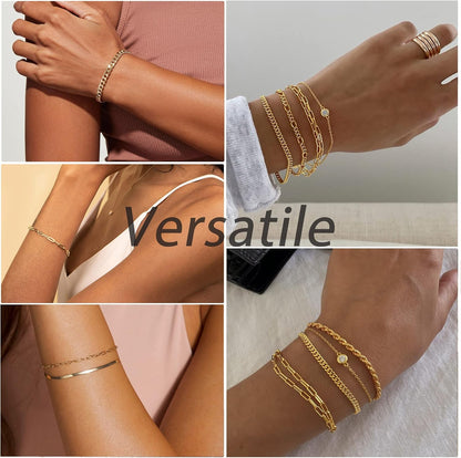 DEARMAY Waterproof Gold Bracelets Set for Women Trendy, Dainty 14K Real Gold Plated Jewelry Fashion Stackable Tennis Beaded Figaro Herringbone Paperclip Link Bracelet Pack Stack Gifts for Women