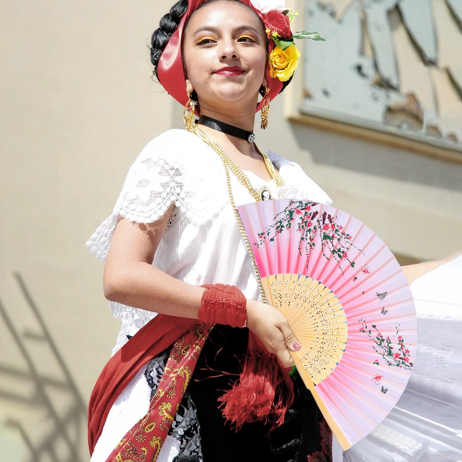 Zonon 4 Pack Handheld Floral Folding Fans Hand Held Silk Bamboo Fans with Tassel Women Hollowed Hand Foldable Fan with Fabric Sleeve for Dancing Wedding Decoration Gifts(Classic)
