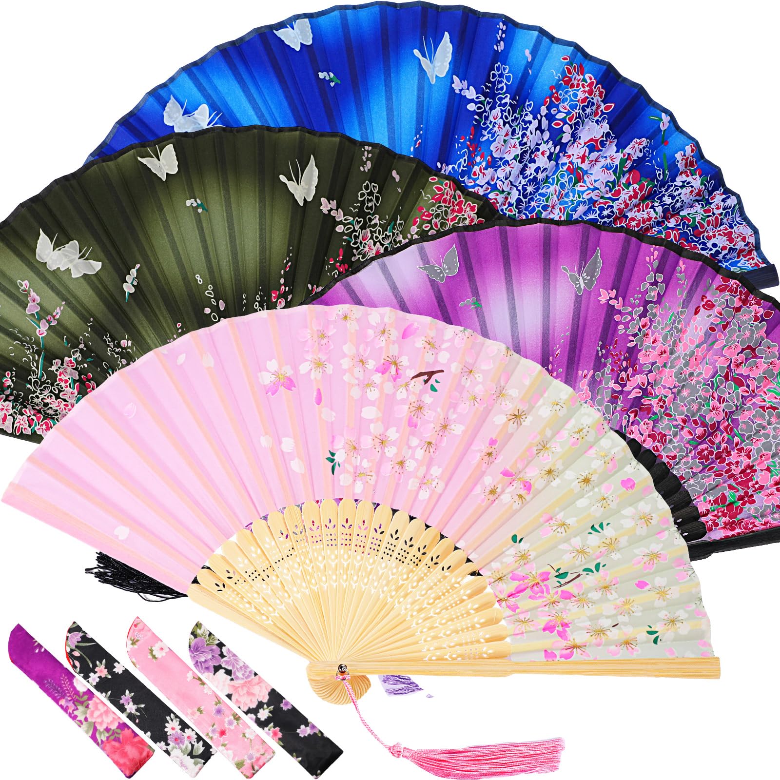 Zonon 4 Pack Handheld Floral Folding Fans Hand Held Silk Bamboo Fans with Tassel Women Hollowed Hand Foldable Fan with Fabric Sleeve for Dancing Wedding Decoration Gifts(Classic)