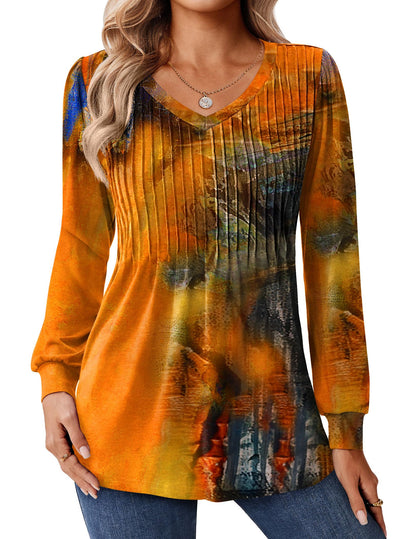 Zeagoo Long Sleeve Shirts for Women Casual V Neck Top Pleated Floral Boho Blouses 2025 Fall Tunics